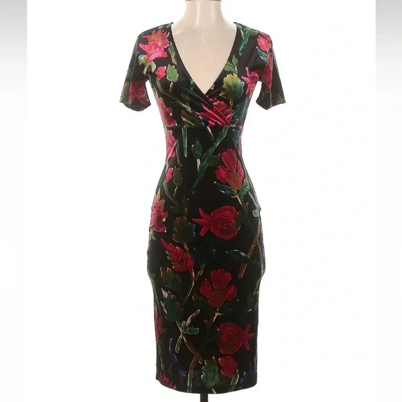 ZARA Womens Midi Dress Velvet Floral Faux Wrap V-Neck Sheath Dress Size Small - Picture 4 of 10